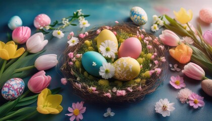 Obraz premium Happy Easter Greeting with Colorful Decorated Eggs and Spring Flowers
