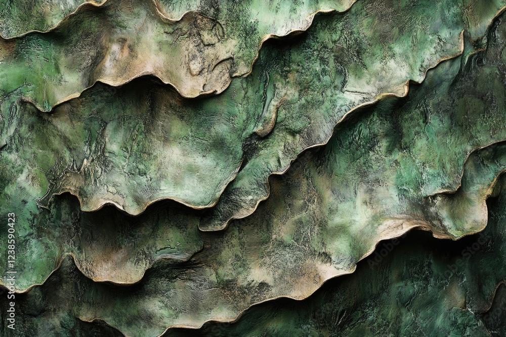 Poster abstract green and beige textured art with layered wavy forms creating a dynamic, organic feel.