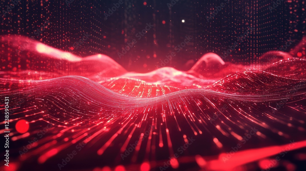 Poster abstract digital waves with red particles and light effects representing data flow and technology in