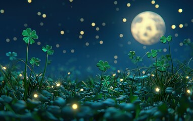 Dreamy Saint Patrick Day moonlit scene with glowing shamrocks, twinkling stars, and a poetic blank space for text