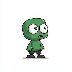 Obraz premium Fantasy cartoon character design featuring a green zombie child with oversized eyes and a surprised expression, standing in a simple, white background