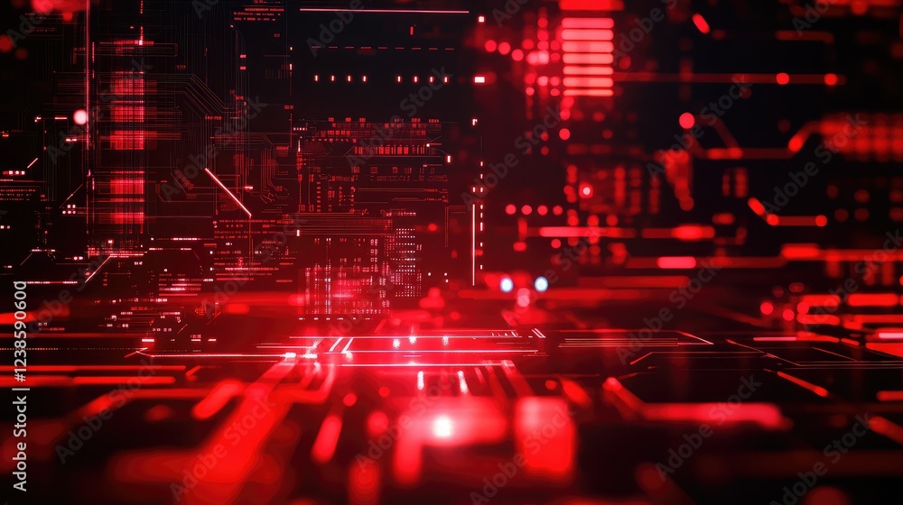 Poster abstract digital background featuring red circuitry and geometric patterns ideal for technology, inn