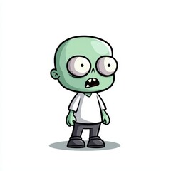 Fototapeta premium Fantasy zombie cartoon character concept art featuring a childlike green zombie in a simple outfit, expressing surprise in a minimalistic setting