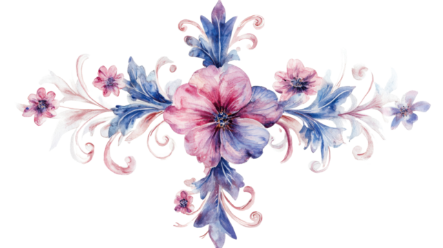 Watercolor floral arrangement with pink and blue flowers on transparent background