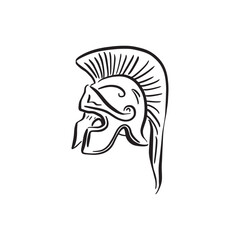 A Greek helmet drawn by hand in black and white sketchy style. Vectorised doodle, side profile. Roman metal helmet.