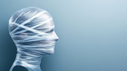 Unique artistic representation with head wrapped in plastic showcasing intricate details illuminated by soft light against a minimalist backdrop
