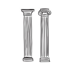 Two types of Roman Greek column; Doric and Ionic. Hand drawn sketch as a vector. Individual elements. Architecture ancient, stone ware, stone carving.