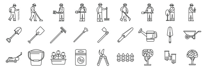 Lawn worker icons set. Gardeners working, planting trees, flowers, and using various gardening tools and equipment