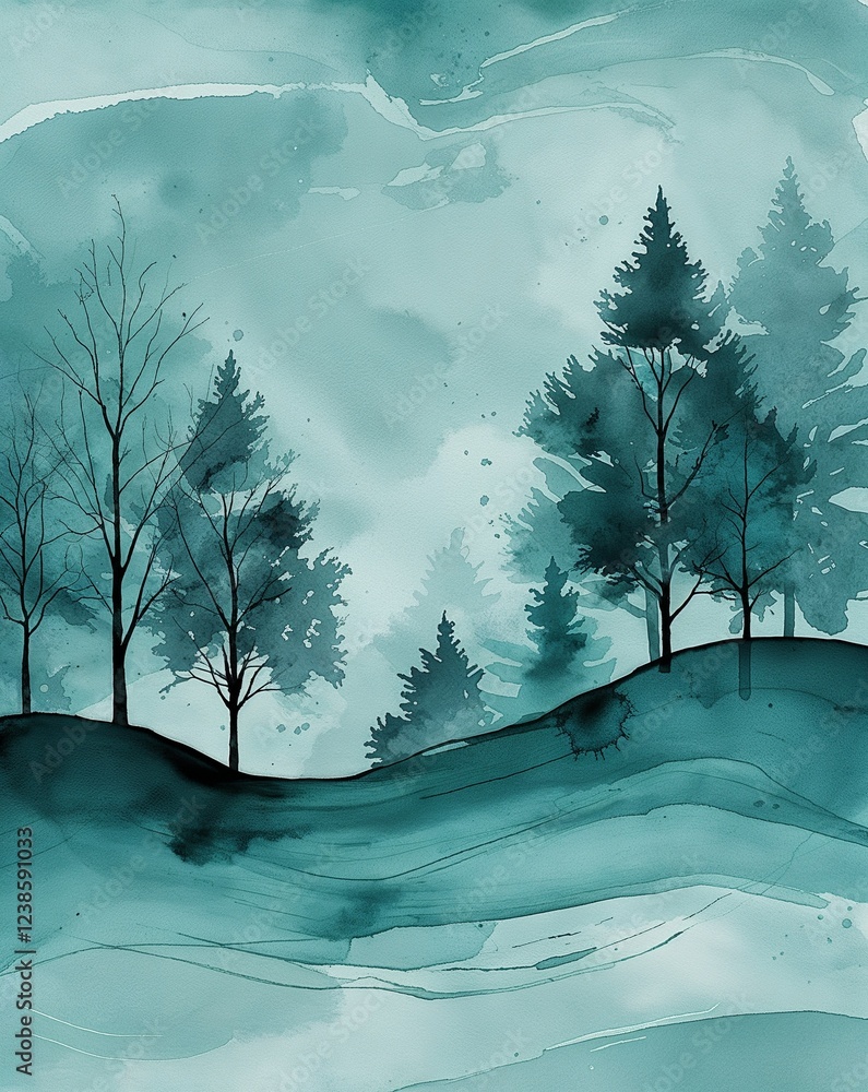 Poster light teal with smooth watercolor strokes and tree outlines emerging gently abstract background
