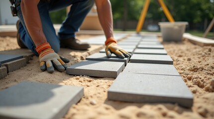 Worker Laying Paving Stones on Sand Base in Outdoor Construction Site