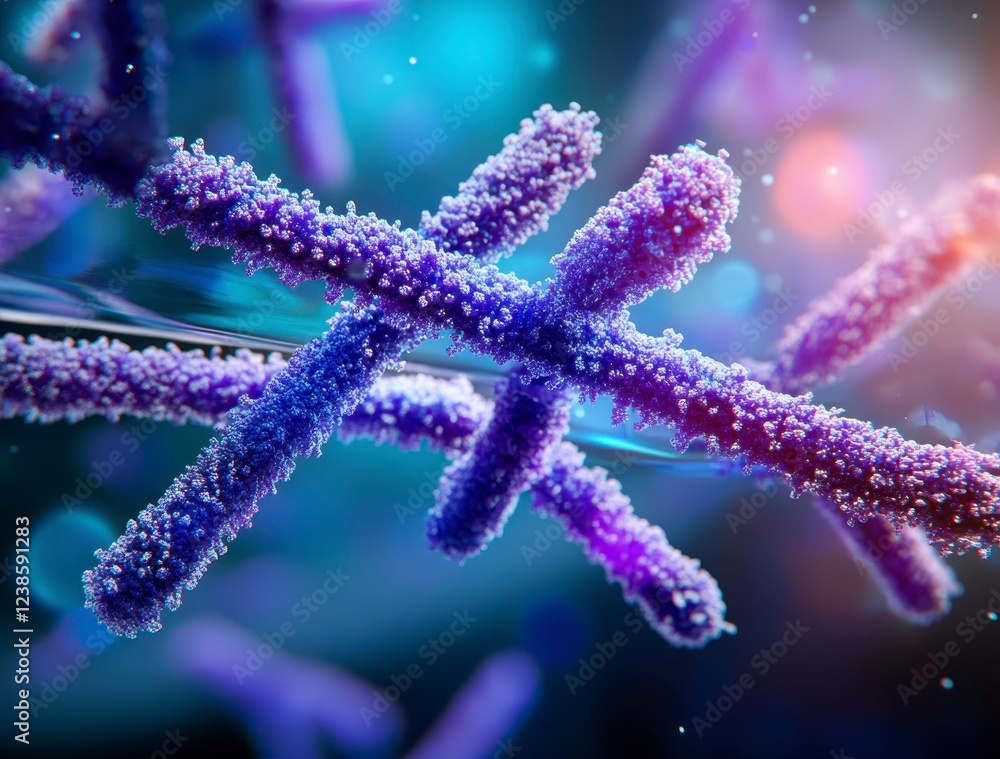 Poster microscopic view of purple and blue chromosomes with a blurred dark background and bokeh effect. det