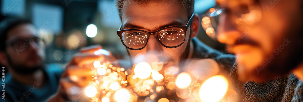 Poster man inspecting illuminated string lights with colleagues in background