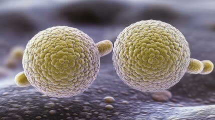 Fototapeta premium Microscopic view of two spherical cells with textured surfaces, exhibiting a yellowish green hue against a dark gray background. Smaller, rod shaped