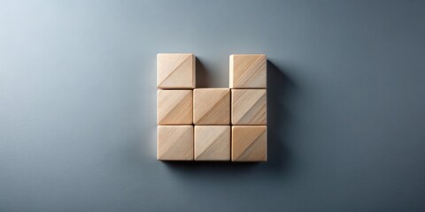 Nine light brown wooden blocks arranged in a grid pattern on a dark gray background