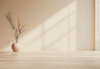 Beige room interior with light wood floor, off white walls, and a round vase holding dried beige branches. Sunlight streams through a window, casting