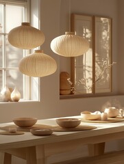 Warm, natural light illuminates a minimalist dining scene. Three oval woven pendant lights hang above a light wood table set with simple, beige bowls