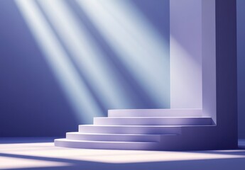 Abstract 3D rendering of a minimalist light purple platform with stairs, bathed in soft, dramatic light beams against a muted purple backdrop. Clean