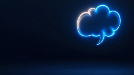 Glowing Neon Speech Bubble: A vibrant, blue neon speech bubble glows against a dark background, symbolizing communication, ideas, and conversation.  The image is minimalist and modern.