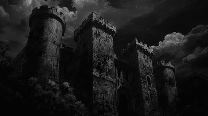 Abandoned castle with turrets against dark shadows