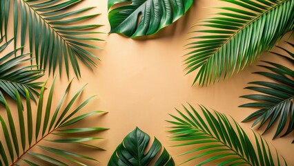 Naklejka premium Tropical foliage arrangement, vibrant green palm and monstera leaves on a beige background, creating a natural frame