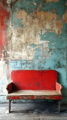 Rustic red bench against a weathered teal wall.
