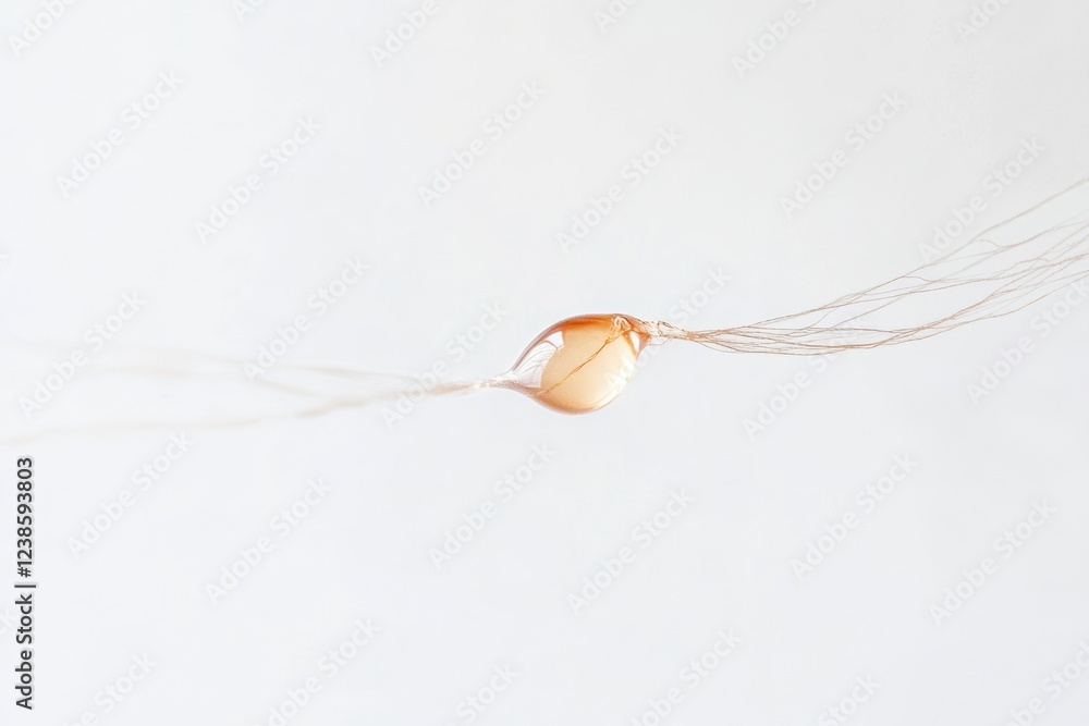 Poster a translucent, teardrop-shaped object trails thin, brown threads against a white backdrop.