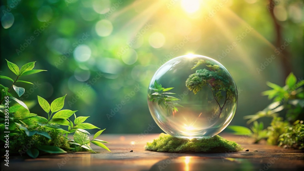 Poster a crystal sphere encapsulating a lush green tree, representing environmental preservation and the fr