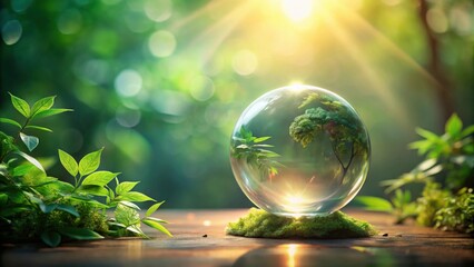 A Crystal Sphere Encapsulating a Lush Green Tree, Representing Environmental Preservation and the Fragility of Nature's Beauty