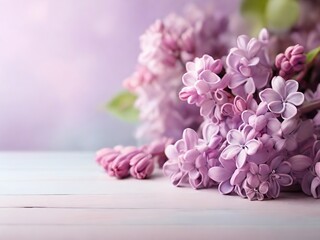 Bouquet of lilac flowers on white wooden table, closeup