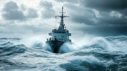 Warship Navigating Tempestuous Ocean Waves