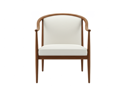 elegant wooden armchair with a curved backrest and white cushioned seat, isolated on white background
