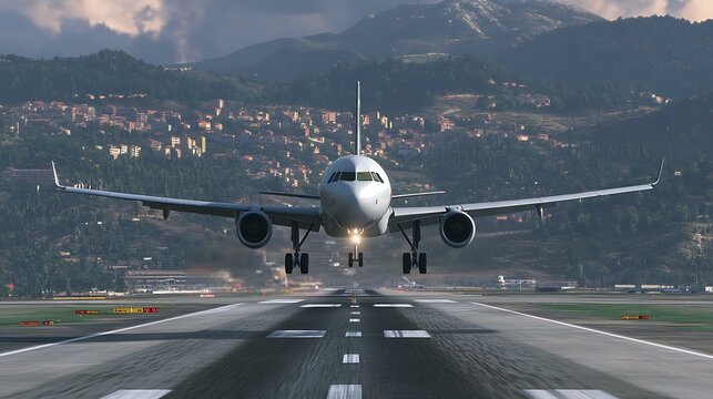 Un Airbus A320 en pleno aterrizaje con el morro ligeramente elevado y los neum&Atilde;&iexcl;ticos haciendo contacto con la pista, generando un efecto de fricci&Atilde;&sup3;n