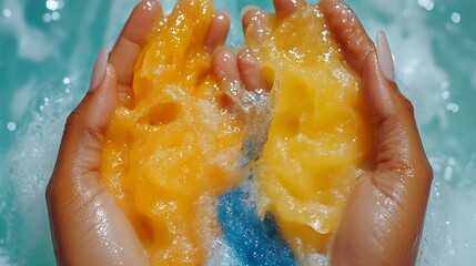 Golden bath bombs held in hands surrounded by bubbles