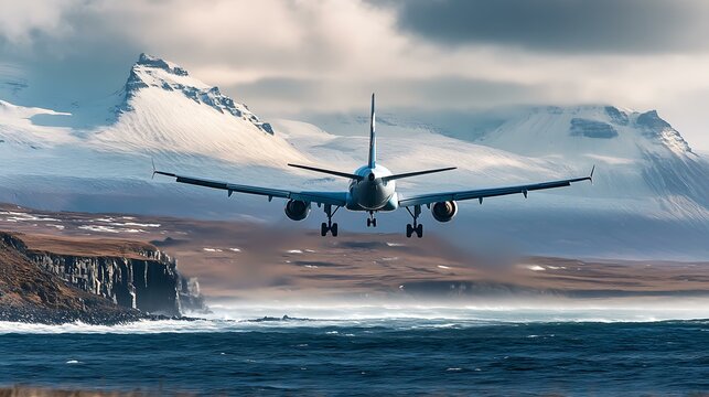 Un avi&Atilde;&sup3;n Airbus A320 en plena maniobra de aterrizaje visto desde un &Atilde;&iexcl;ngulo frontal, con el oc&Atilde;&copy;ano Atl&Atilde;&iexcl;ntico y monta&Atilde;&plusmn;as volc&Atilde;&iexcl;nicas en el fondo