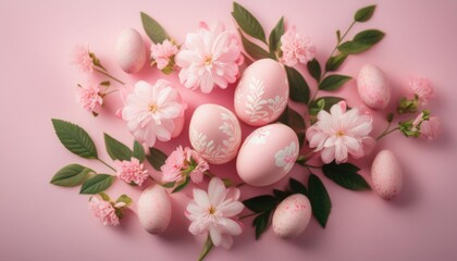 Easter eggs with delicate floral decoration on pink background