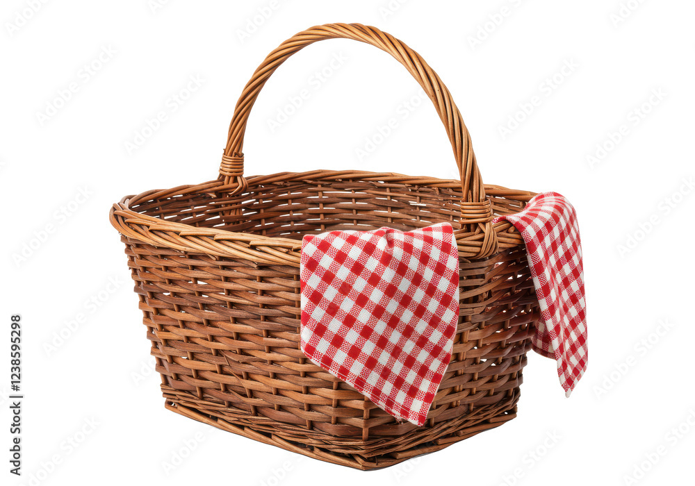 Poster rustic wicker basket with a curved handle and a red and white checkered cloth draped over the side, 