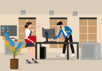 A man is in the office operating a computer and a woman is carrying a red folder