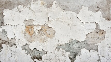 Obraz premium Weathered White Wall with Cracks and Flaking Paint, Textured Background with Grunge Effect for Interiors, Arts, and Photographic Projects