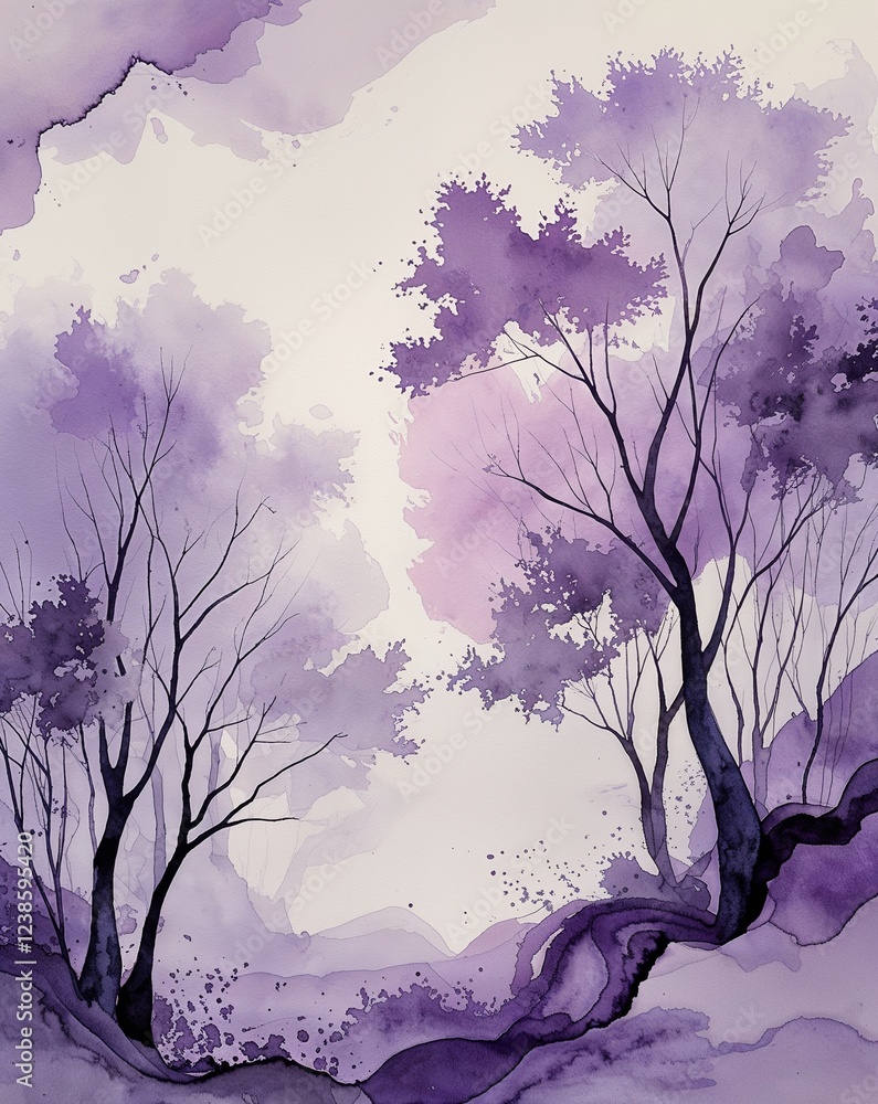 Poster muted lavender with flowing watercolor trees and soft blending edges abstract background