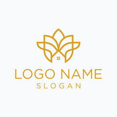 Lotus House Logo Design, Golden Linear Home Flower Icon