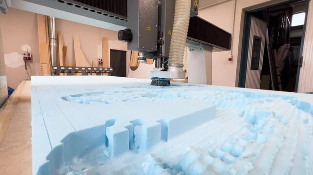 Slow-motion footage of a CNC router performing rough milling on an extruded polystyrene sheet. Precision machining for sculpture carving, showcasing automated cutting in a professional workshop.