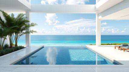 Fototapeta premium Luxury sea view swimming pool in modern white beach house - 3d rendering. Generative AI