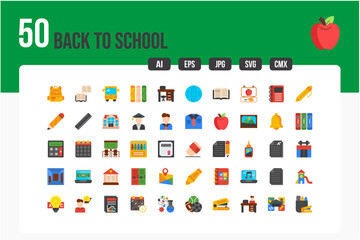  Set of 50 Back To School Icons. Flat Icon Collection