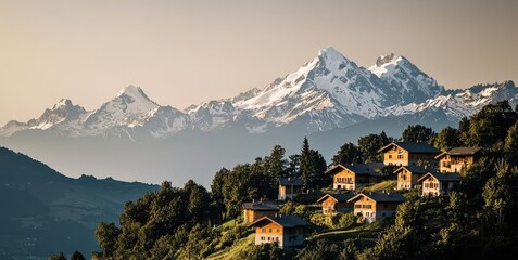 Fototapeta premium Mountain village nature concept. Beautiful mountain landscape with serene village and snow-capped peaks in the background.