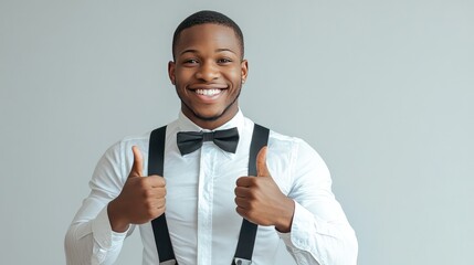 Happy man in suspenders and bow tie gives a thumbs up