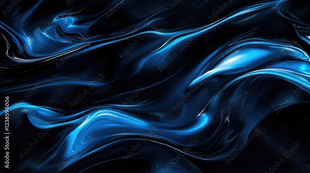 Poster fluid abstract background featuring vibrant blue waves and smooth curves dance across a dark surface