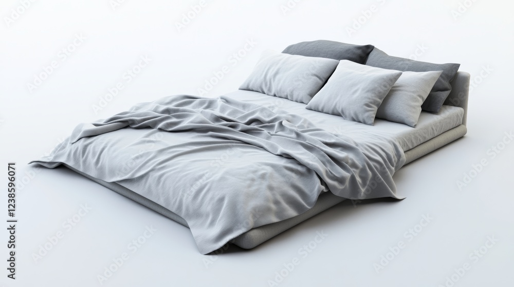 Poster Soft and Inviting 3D Bed Model with Cushions and Sheets