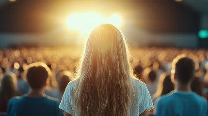 Crowd of enthusiastic fans gathered in a concert hall, experiencing a vibrant performance with bright stage lights illuminating the atmosphere