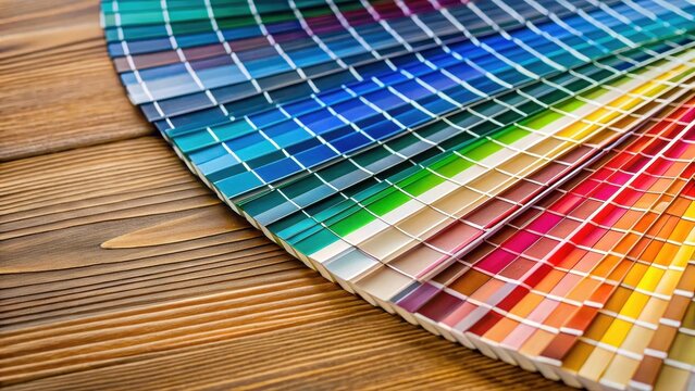 Close-up detail of an open color guide swatch on a wooden table, showcasing vibrant colors and textures