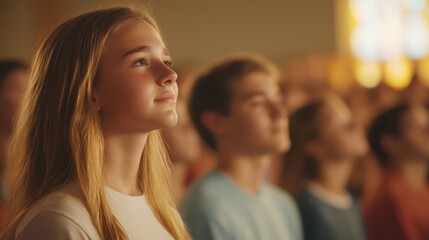 Fototapeta premium Portrait of a young girl gazing thoughtfully during a gathering in a bright, sunlit indoor space filled with the presence of peers and deep connections